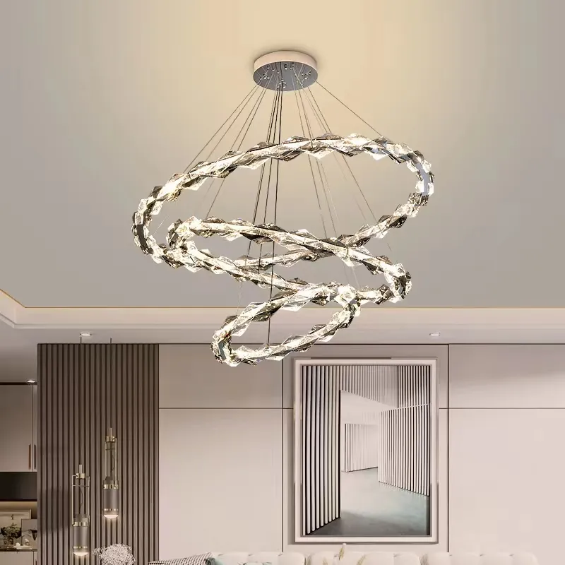 Living Room Pendant Lamps New Modern Minimalist Atmosphere Light Luxury Designer Stainless Steel Crystal Ring Hanging Lamps For Ceiling