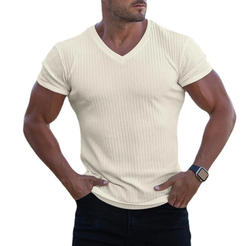 Herren T-Shirts 2022 Basic Casual Strick gerippte massive Herren Sommer Kurzarm Mode Slim T-Shirts Fitnessstudio Kleidung Pullover Tops