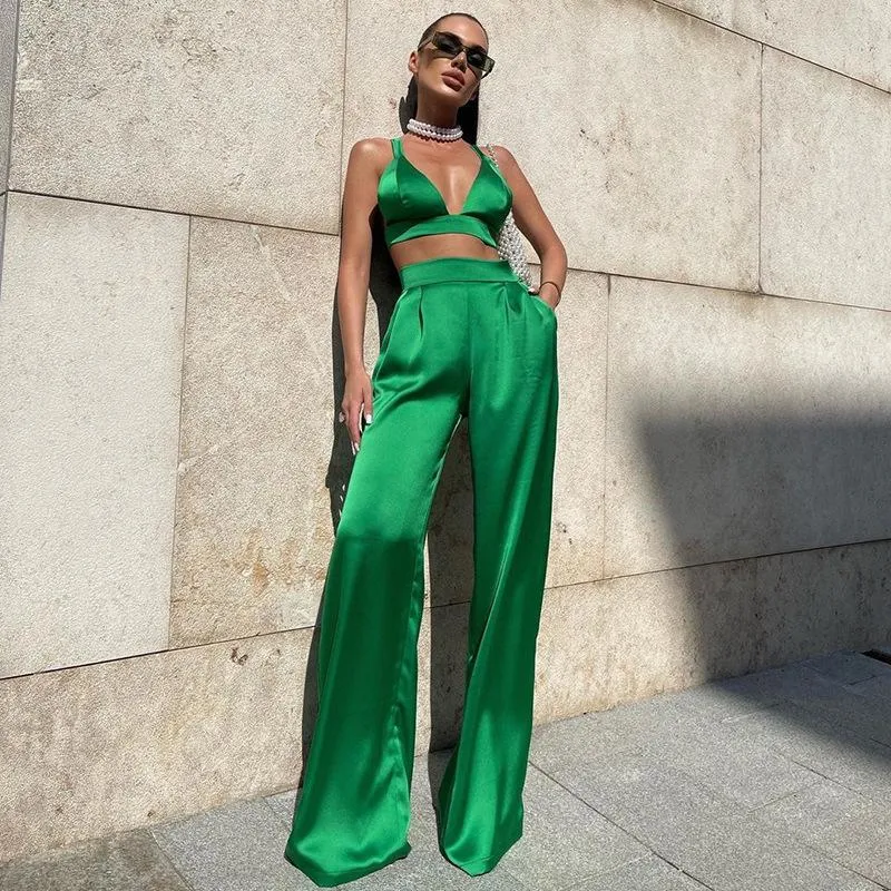 Women's Two Piece Pants Fashion Satin 2 Set Women Summer Clothing Sleeveless Backless Camisole Tank Top Wide Leg Suits Y2K OutfitsWomen's