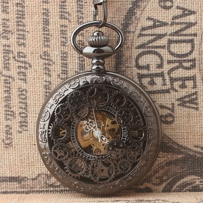 Hot Sell Retro Classic Black Steampunk Dellowed Gears Механические карманные часы римские циферблаты Flip Pocket Watch T200502