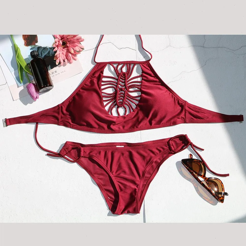 Girl Bikinis Set Wine Red Weave Black Women Swimwear Low Waist