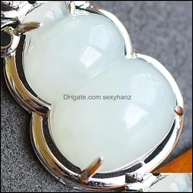 Natural Green Hetian Jade Gourd Pendant Silver Necklace Chinese Carved Charm Jewelry Fashion Amulet For Women Lucky Gifts 1290 Q2