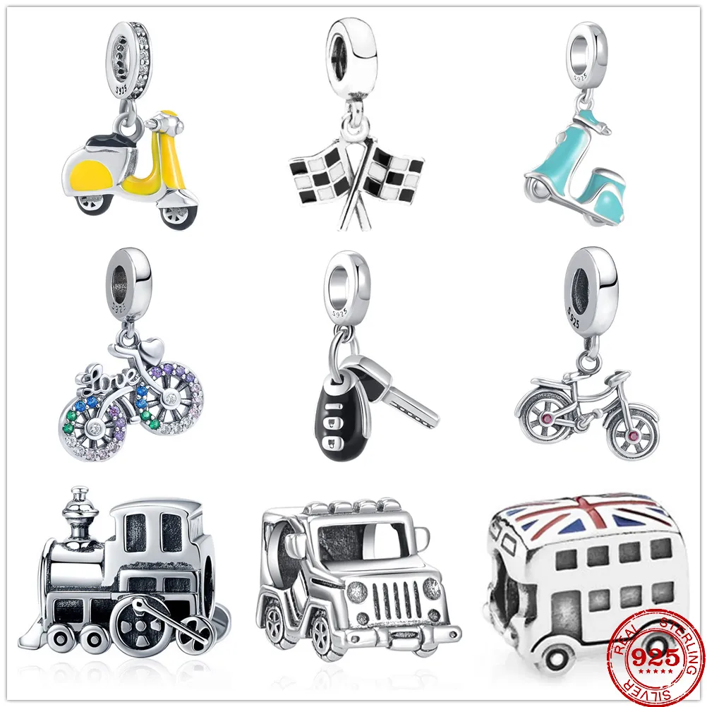 925 Silver Charm Beads Dangle New Motorcycle Car Train Bicycle Key UK Bus Pendant Bead Fit Charms Bracelet DIY Jewelry Accessories