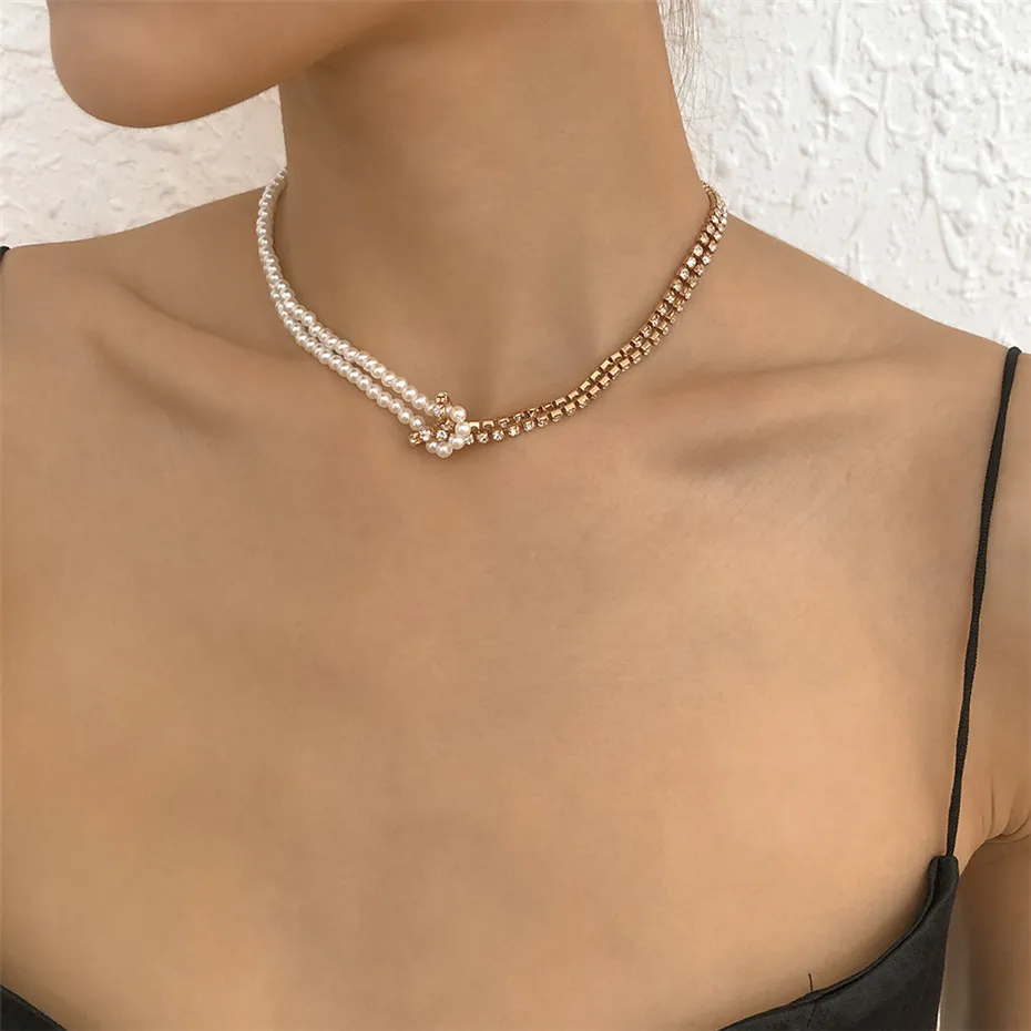 Unieke vintage asymmetrische parelketting ketting voor vrouwen bruidsknoopte hanger sleutelbeen korte kraag nek sieraden