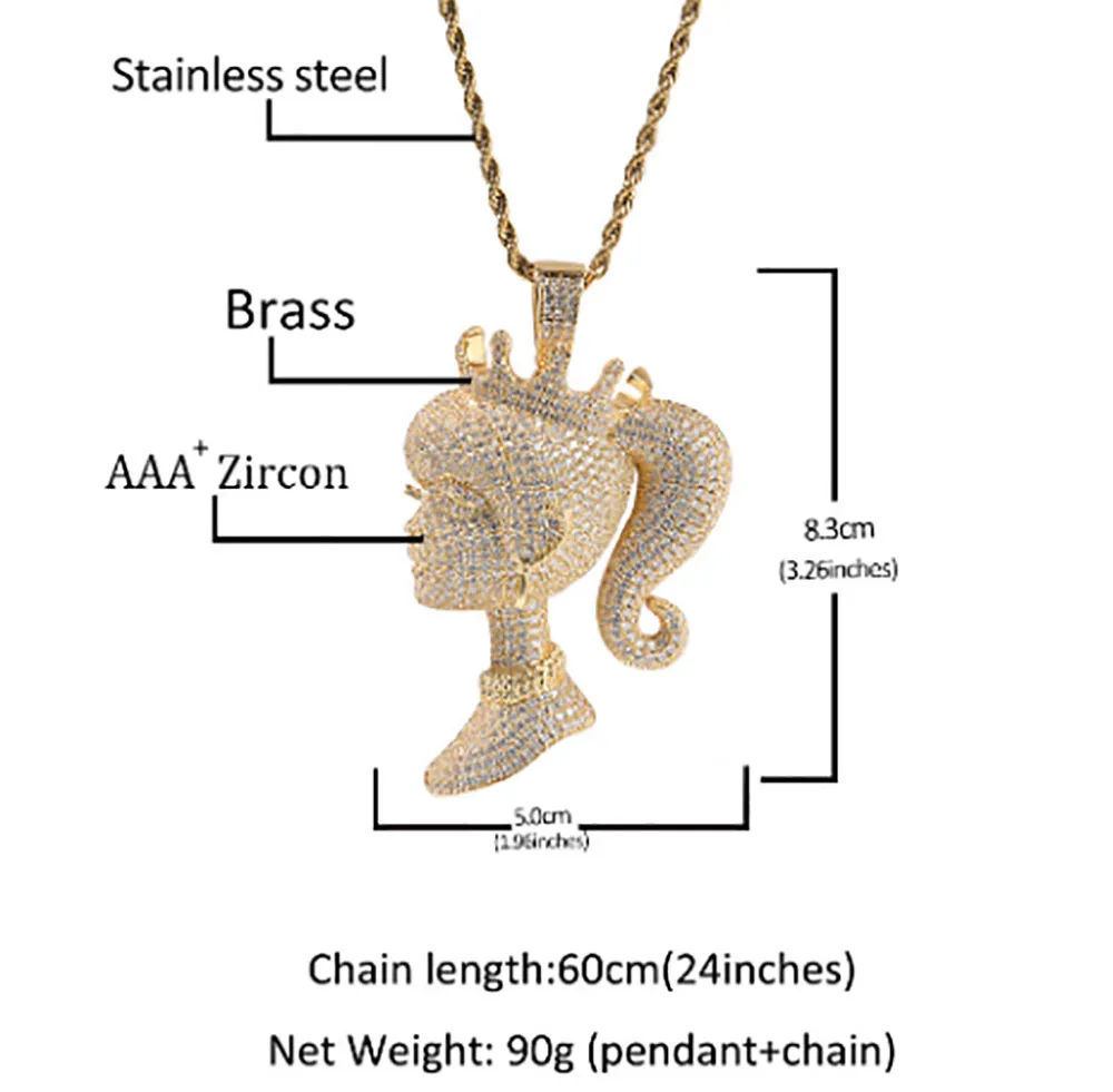 14K Gold Iced Out Queen Barbie Pendant Necklace, Bling Micro Pave Cubic  Zirconia Simulated Diamonds Hip Hop Jewelry From Yishop4u, $21.51