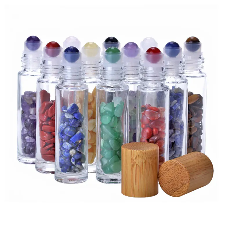 10ml Essential Oil Roll-on Bottles Glass Roll on Perfume Bottle with Crushed Natural Crystal Quartz Stone Crystal Roller Ball with Bamboo Cap