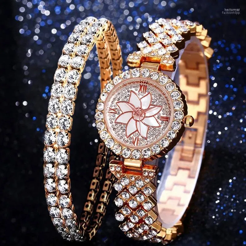 Wristwatches 2022 Luxury Women Rose Gold Watch Fashion Ladies Quartz Diamond Wristwatch Female Bracelet Watches 2pcs Set Hect22