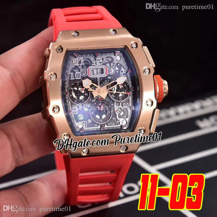 2022 11-03 Miyota Automatic Mens Watch Rose Gold Black Skeleton Dial Big Date Number Markers Red Rubber Strap 6 Styles Sports Watches Puretime01 1103-RGC3