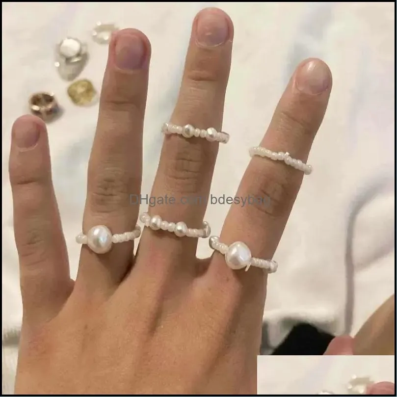 Band Rings Cute White Beaded Imitation Pearl Adjustable Rope Chain Ring F Dhjkz