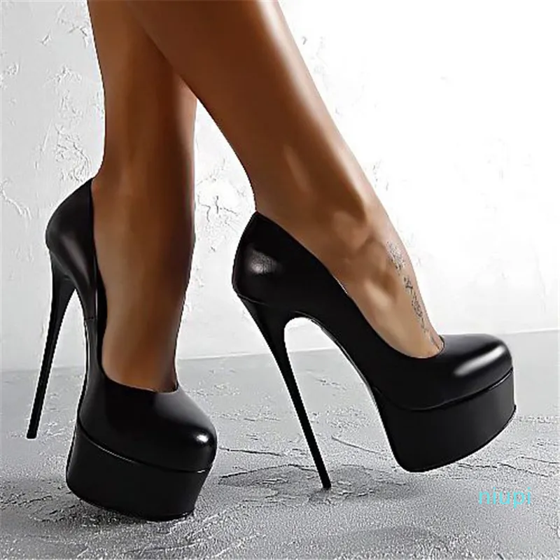 Zapatos de tacón alto de plataforma para damas Estilo de verano Black Stiletto Tacón de tacón de tacón Ronda de Toes Diseñador Zapatos de vestir