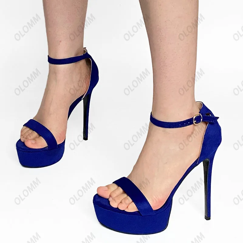 Olomm 2023Handmade Women Platform Sandalen Faux suede sexy stiletto hakken open teen elegant blauw paarse feestschoenen ons plus maat 5-20