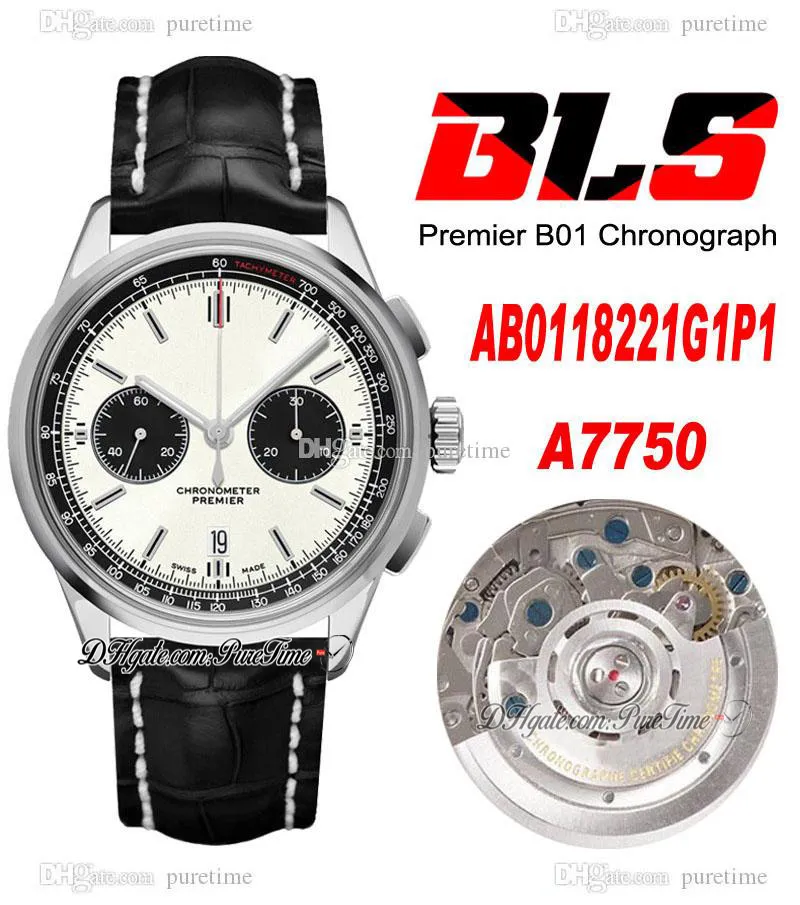 BLS Premier B01 42 mm Eta A7750 Automatik-Chronograph Herrenuhr, Stahlgehäuse, weißes schwarzes Zifferblatt, Strichmarkierungen, Lederarmband, Super Edition, AB0118221B1P1 Puretime 03c3