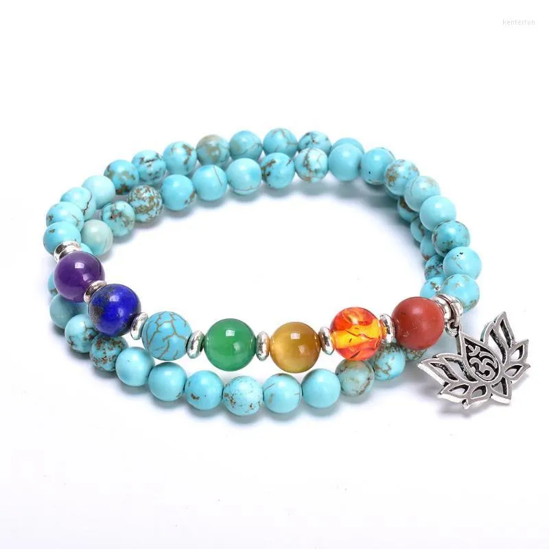 Bracelet Mala Chakra en Turquoise naturel, brins de perles, avec breloque Lotus OM, empilable, extensible, bijoux féminins, cadeau Kent22