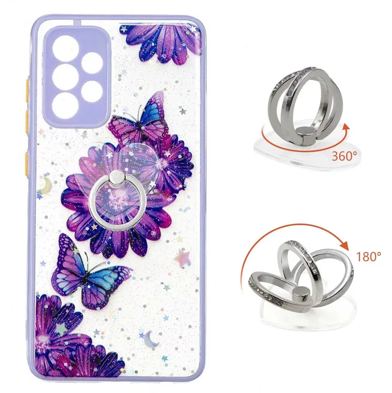 Custodie in metallo per anello da dito per Samsung S22 PLUS A13 A33 A53 A73 A22 S21FE S21 S20 A32 A52 A72 Bling Glitter Ocean Hard PC Acrilico TPU Farfalla Flower Cover