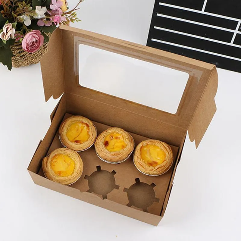 Geschenkomschakeling 10 stks/perceel 2/4/6 holes Cupcake Packing Box Muffin Biscuit Pastry Kraft Paper Wit marmeren cake verpakking Bakgereedschap