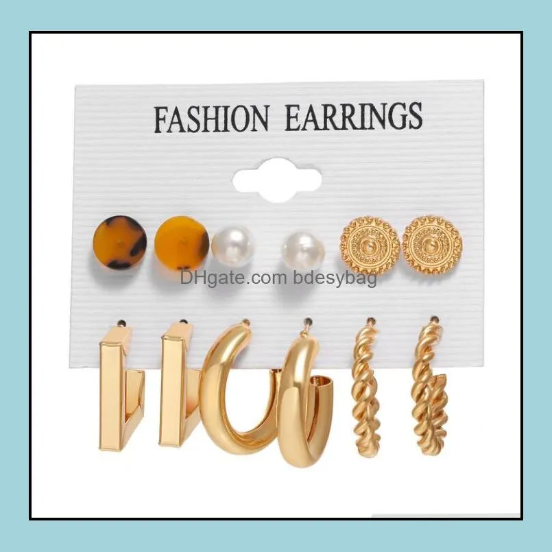 6pairs/set Gold Statement Charm Earrings Metal Big Exaggerated Circle Stud Ear ring Pearl Earring Set for Women Fashion Jewelry