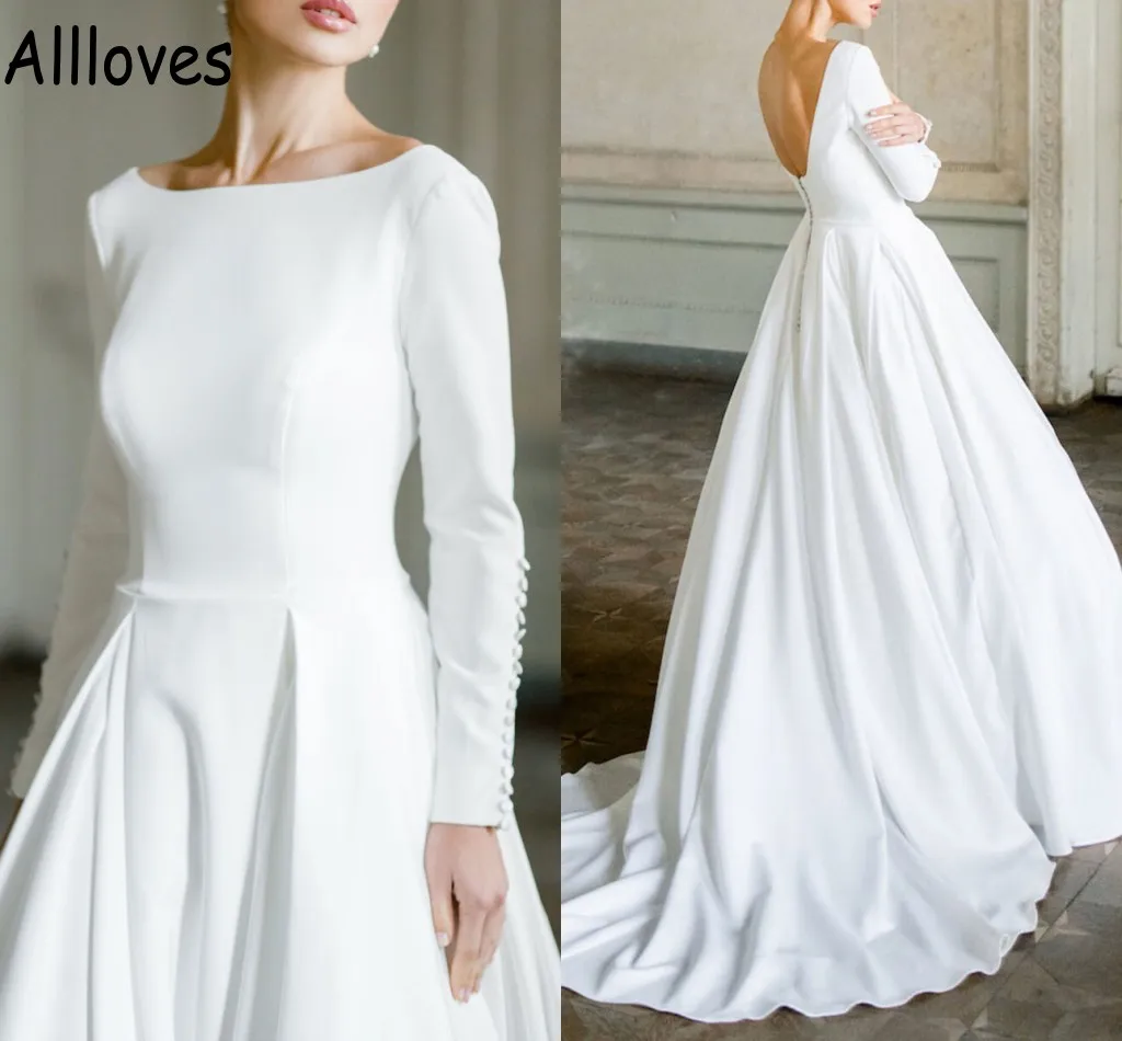 Elegant Satin A Line Wedding Gowns With Long Sleeves Modest Scoop Neck Backless Garden Boho Bridal Dresses Sweep Train Simple Fashion Robes de Mariee CL0484