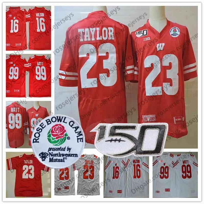 2020 Wisconsin NCAA Football #23 Jonathan Taylor 16 Russell Wilson 99 JJ Watt Red White Rose Bowl NCAA 150th CFB Jersey
