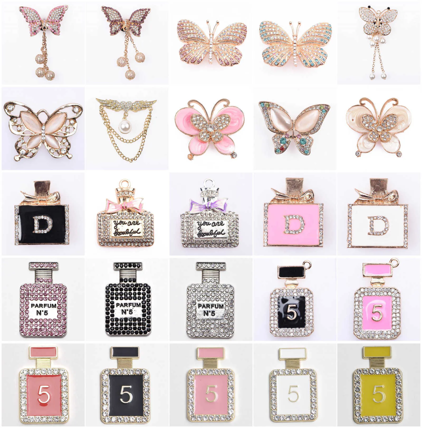 Bouteille de parfum en métal No 5 Bling Queen Butterfly Chaussures Décoration Fille Shinny Croc Chaussures Charmes Accessoires