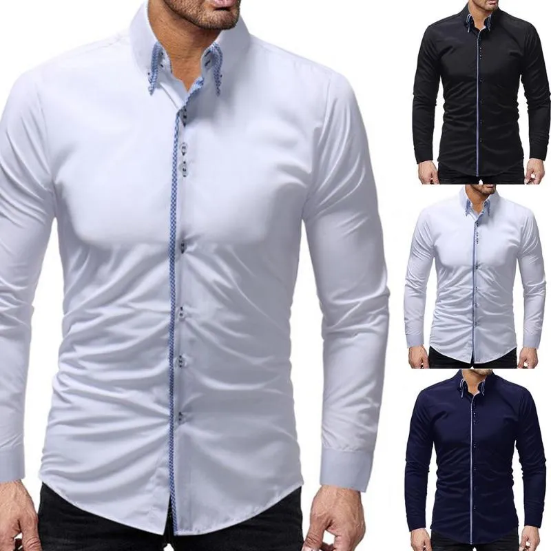 Camicie eleganti da uomo Trendy Uomo Tinta unita Manica lunga Colletto rovesciato Bottone Camicia da lavoro sottile in cotone Regalo di Natale per uomo 2022 Uomo