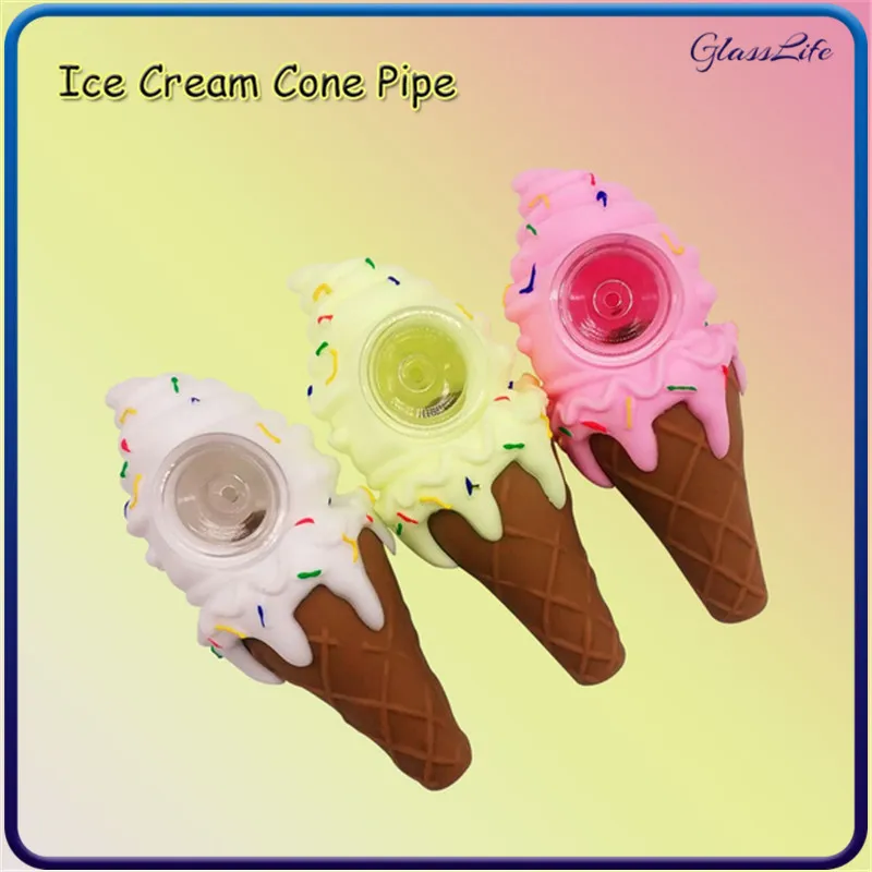 Ice cream silicone smoking hookah pipe colored bong with thick glass bowl spoon Hand Pocket bong tobacco