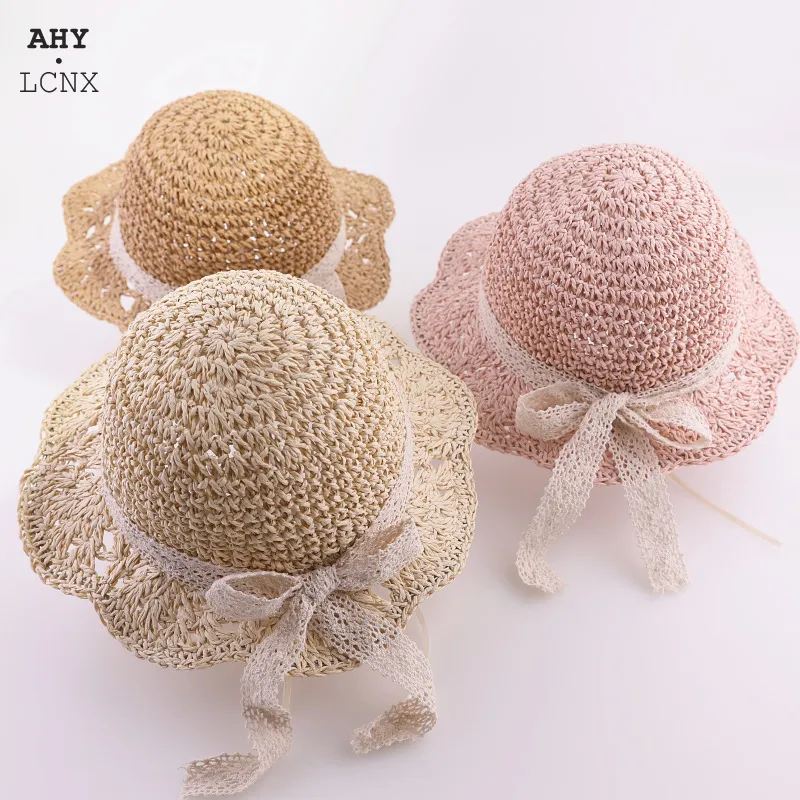 Summer Children s straw hats Baby girls breathable lace Cap bow Beach Sun Hat Wide brim Kids Princess travel sunshade 220630