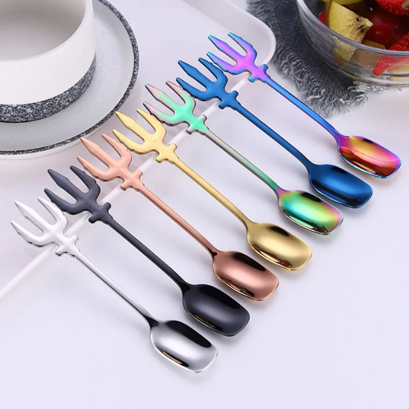 Spork creative one Cucchiaino da caffè in acciaio inossidabile 304 Stoviglie occidentali Cucchiaio da dessert Trident a doppio uso LK001186