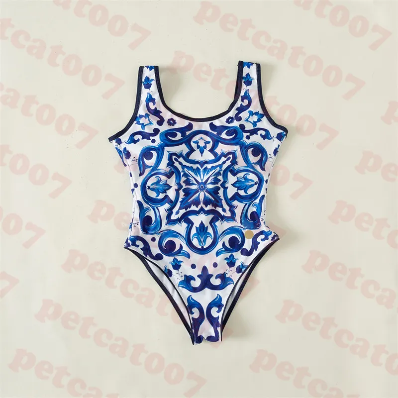 Blue Pattern Swimsuit Womens Bikini Metal Logo Swimwear For Women Summer Beach One Piece Swimsuits