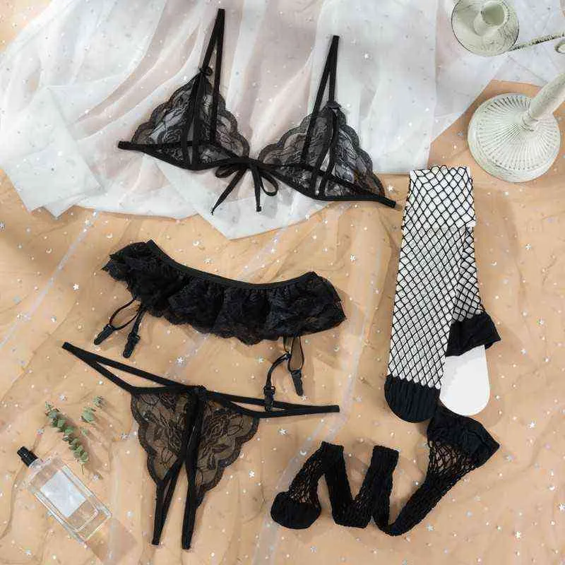 Nxy Sexy Underwear Women Sexy Lace Lingerie Set Sensual Hollow Out Transparent Exotic Underwear Bra g String Panties Garters Mesh Stockings 0401