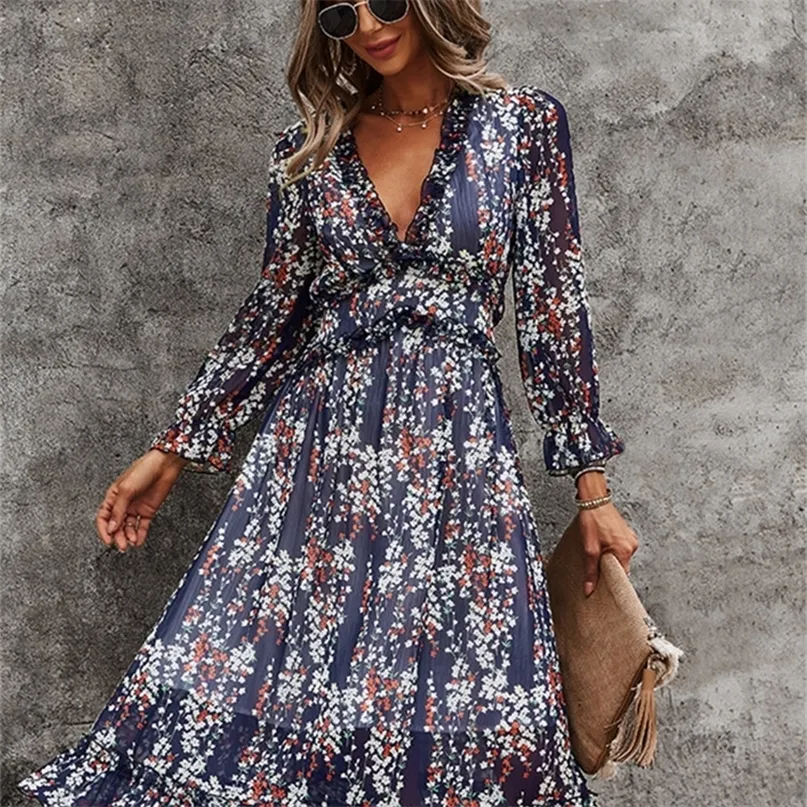 Сексуальное v Neck Floral Dress Ladies Butterfly рукав с высокой талией повседневной принт для женщин Летний шифон 220805