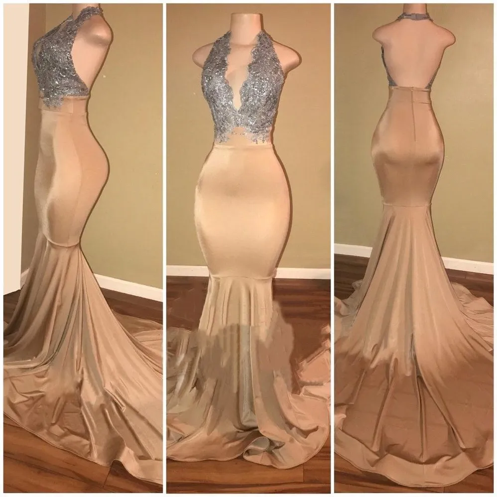2022 Champagne Mermaid Prom Klänningar Sexig Halter Silver Lace Sequins Backless Long Sweep Train Formal Evening Gowns Custom Made Ba7774