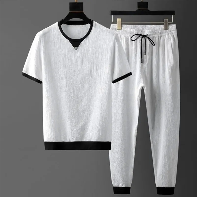 Sets masculinos de verão de manga curta Tops elásticos calças de cintura masculina roupas de duas peças Conjunto de streetwear coreano Men tamanho grande 220609