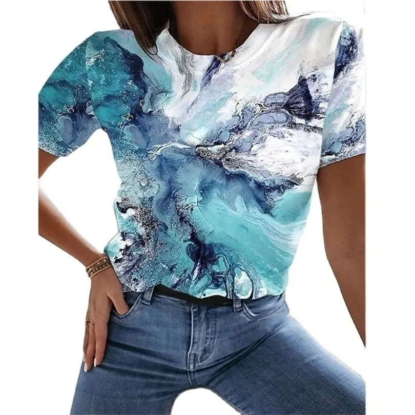 Ladies 3D printing painting Tshirt landscape 3D print summer round neck big deal 220530
