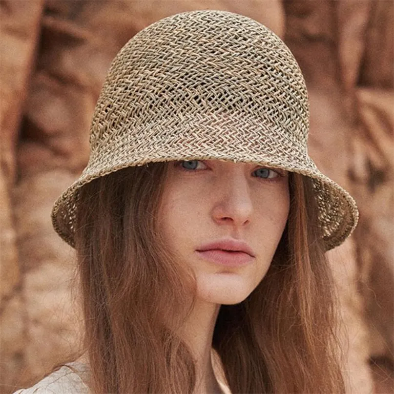 Seaweed Dome Bell Woven Straw Bucket Hat Perfect For Outdoor Travel