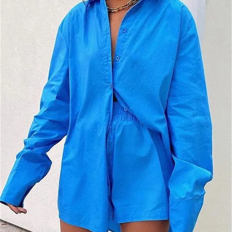 Sampic Women Blue Suit Casual Loose Long Sleeve Shirt Summer Tops and Mini Shorts Fashion Tracksuit Two Piece Set Outfits 220720