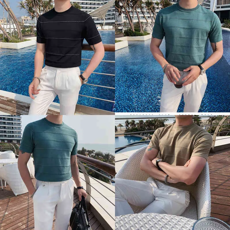 2021 Tシャツ男性の縞模様の夏のメンズ衣料品丸いネックシャツファッションニットスリムシンショートスリーブTシャツTops Y220606