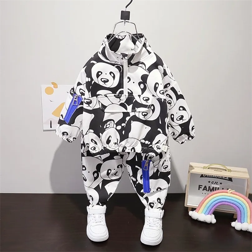 Toddler Boy Sevimli Panda Tam Baskı Giyim Seti Cep Kazak Tops  Pantolon 2 adet Set Çocuklar İlkbahar Sonbahar Nedensel Çoğaltma 220507