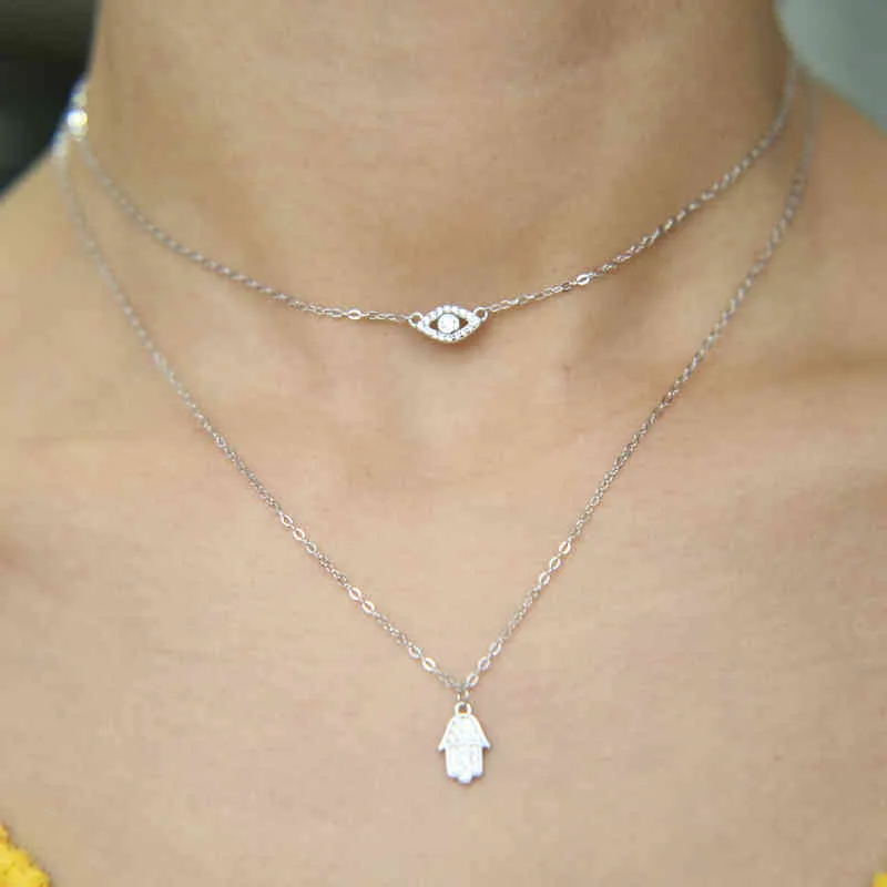Sexy Vrouwen Lucky Hamsa Hand Evil Eye Cham Drop Color Place CZ Sieraden Dubbellaags Ketting Real 925 Zilver