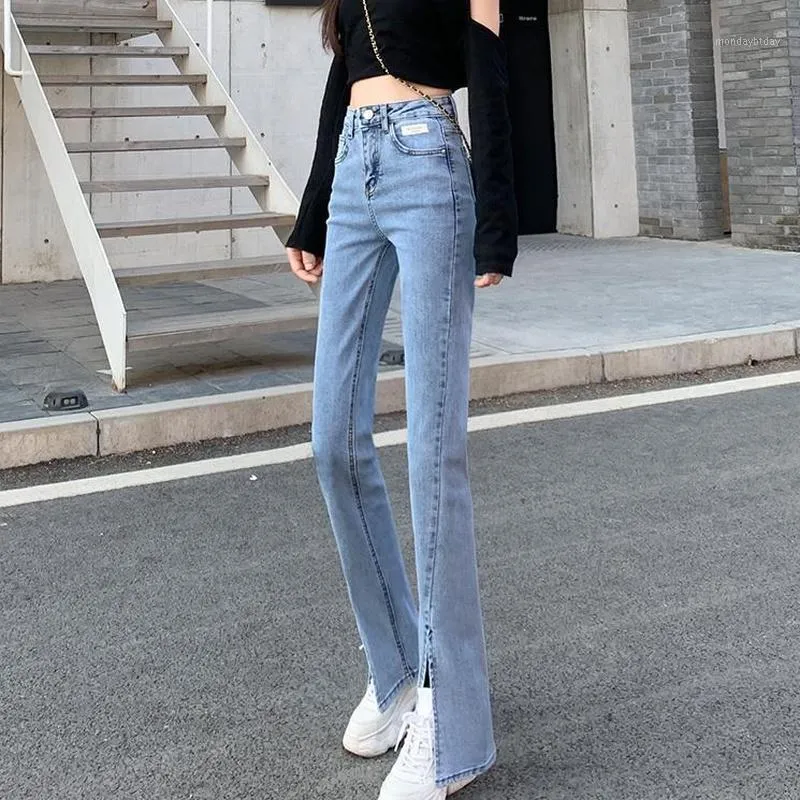 Jeans femmes femmes noir pantalon évasé avant côté fente jambe 2022 printemps taille haute cloche bas pleine longueur Denim vêtements