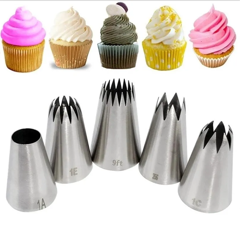 Juego de 5 uds de puntas de decoración de crema de pastel de Metal grande, herramientas de repostería, boquilla de manga pastelera de acero inoxidable, decoradores de postres con cabeza de Cupcake 220815