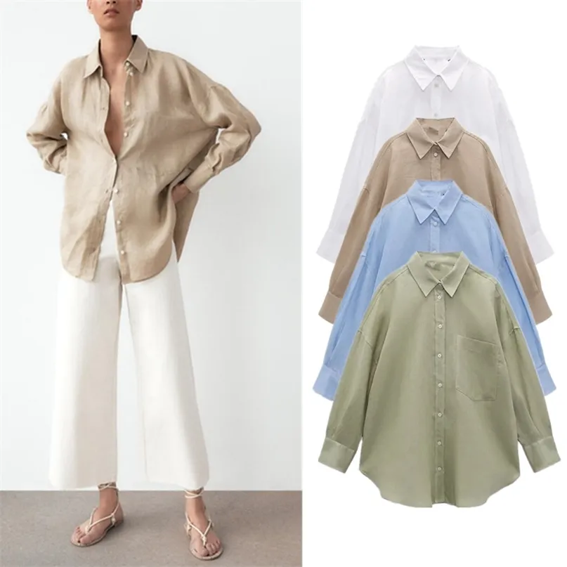 PBZASPRING WOMENS VERSATILE LÅNG SLEE LAPEL FRONT PACK POCKETS SIDA SLIT FAMED STÄNGNING LINEN SHIRT 220720