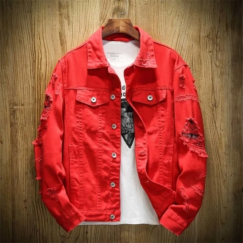 Autumn New Men's Jean Jacket Slim Fit Cotton Jacket Red White Preto Ripped Hole Jean Coats Men Cowboy Youth Men 5xl 210412