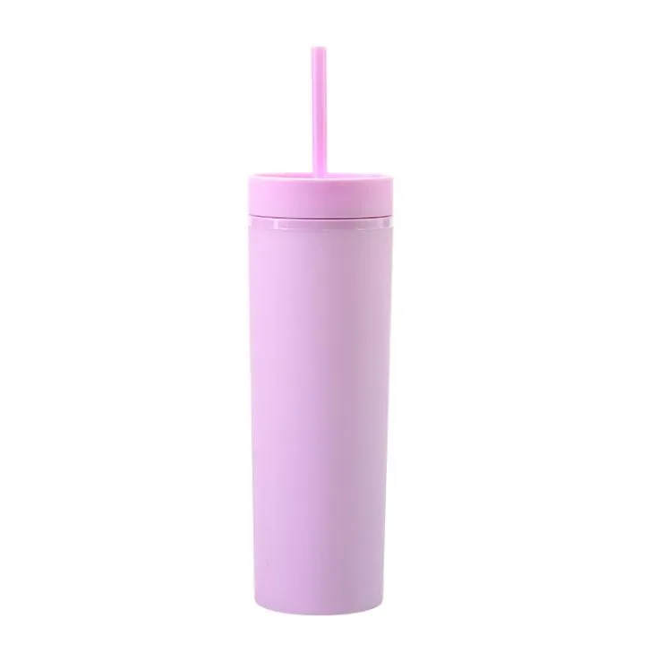 !16oz Matte Skinny Acrylic Tumbler with Lid Straw Double Walled Plastic Water Bottle Portable Frosted Coffee Mug