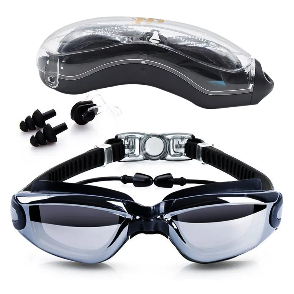 Lunettes de natation bouchons d'oreilles pince-nez galvanoplastie UV étanche Anti-buée maillots de bain lunettes de natation lunettes de plongée Gafas réglables