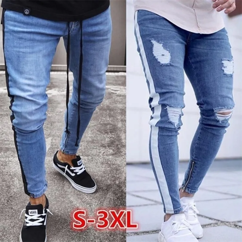 Mager jeans män sexig rippad hål stretch denim byxor manlig höst rak streetwear penna hip hop jeans plus size t200614