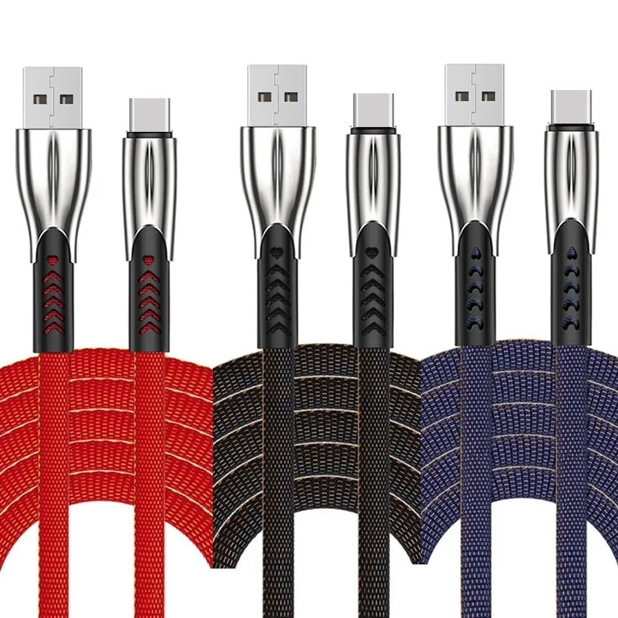 1M 3FT Cell Phone Cables Metal Flat Noodle Micro Type c 3A fast Charging cable for samsung s6 s7 edge s8 S10 S20 note 8 htc android phone