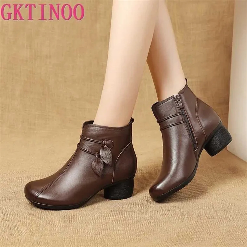 Gktinoo Autumn Winter Thick Heel Ankle Boots Women Warm Boots Shoes Handgjorda äkta läderblommor Dragkedja Retro Boots 210911