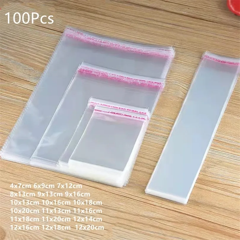 100 Pcs Transparent En Plastique Transparent Auto-Adhésif Sac D'étanchéité Bijoux Cadeau OPP Bonbons Emballage Cellophane 220427