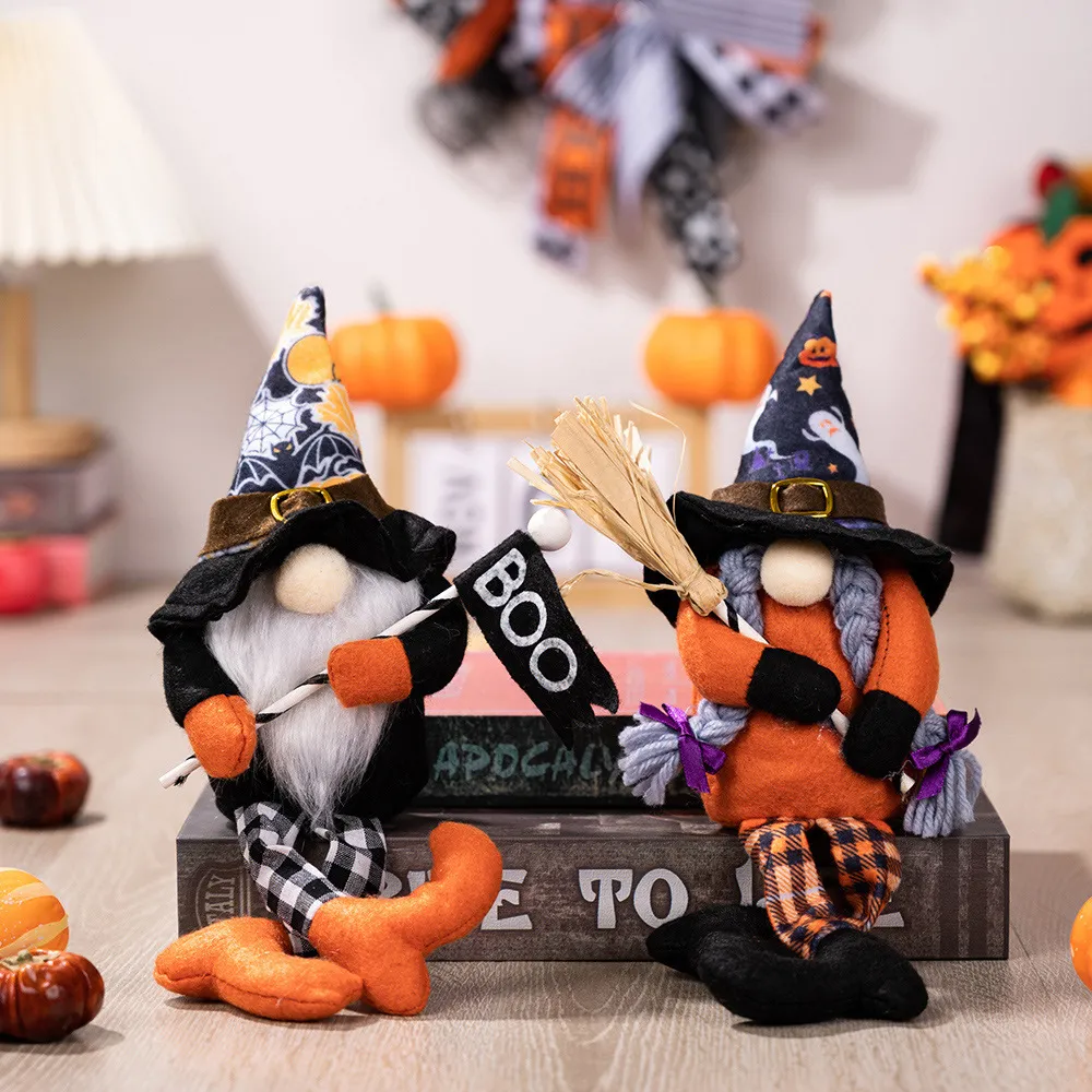 Party Supplies Halloween Witch Gnomes Plush Broom for Tier Tray Decor Autumn Faceless Doll Farmhouse Table Ornaments Gifts PHJK2208