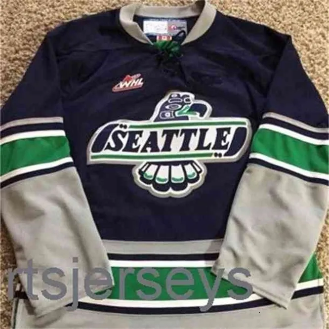 CeUf Seattle Thunderbirds weiß bule grün HERREN-Hockey-Trikot mit Stickerei und Nähten. Passen Sie eine beliebige Nummer und einen beliebigen Namen an